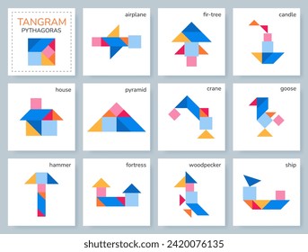 Juego de rompecabezas de tangrama para niños. Colorida colección geométrica con objetos aislados. Pitágoras. Varios iconos sobre fondo blanco. Ilustraciones vectoriales.