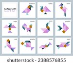 Tangram puzzle game for kids. Geometric colorful collection with various isolated birds, fish and marine animals. Tangram icons on white backdrop. Vector illustration