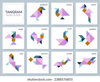 Tangram puzzle game for kids. Geometric colorful collection with various isolated birds, fish and marine animals. Tangram icons on white backdrop. Vector illustration