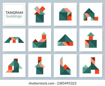 Juego de rompecabezas de tangrama para niños. Colección vectorial colorida con varios edificios aislados. iconos aislados de Tangram sobre fondo blanco. Ilustración del vector