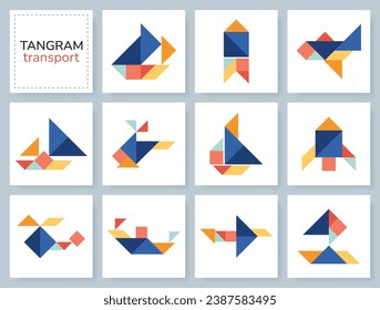 Tangram puzzle game for kids. Vector colorful collection with various transport. isolated Tangram transport icons on white backdrop. Vector illustration