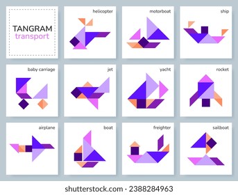Tangram puzzle game for kids. Vector colorful collection with various transport. isolated Tangram transport icons on white backdrop. Vector illustration