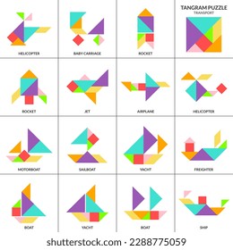 Tangram puzzle game. Vector set with various transport