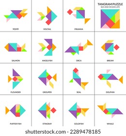 Tangram puzzle game. Vector set with various fish