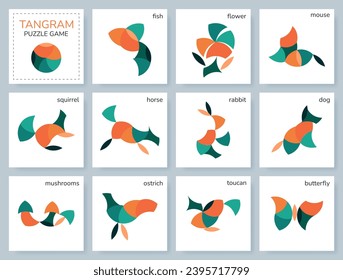 Juego de rompecabezas del tangrama. Conjunto de vectores con varios objetos.