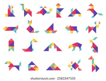 Tangram puzzle. Geometric dissection game with colorful triangle shapes, abstract logic mosaic geometry figures for kids. Vector tangram isolated set.