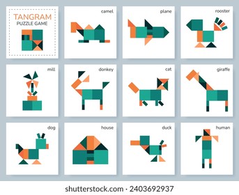 Tangram puzzle for kids. Colorful geometric collection with isolated objects. Mongolian game. Various icons on white backdrop. Vector illustrations.