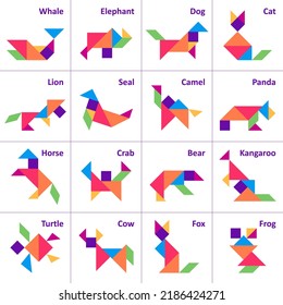 Tangram puzzle for kids. Set of tangram animals.