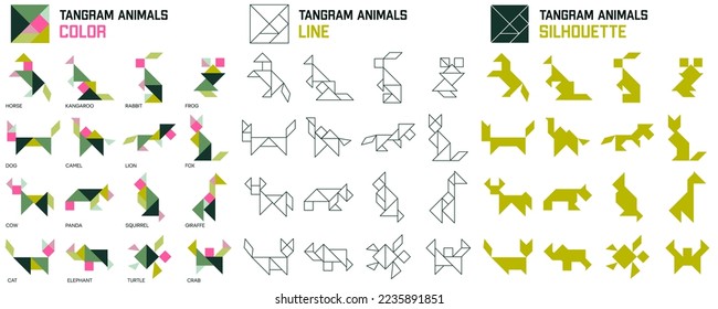 Tangram puzzle for kids. Set of tangram animals.