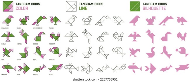 Tangram puzzle for kids. Set of tangram Birds.