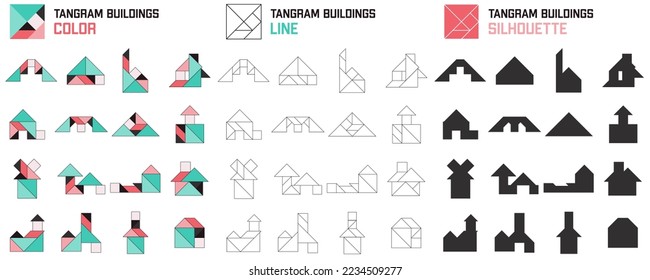 Tangram puzzle for kids. Set of tangram buildings.