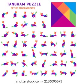 Tangram puzzle for kids. Set of tangram cats.