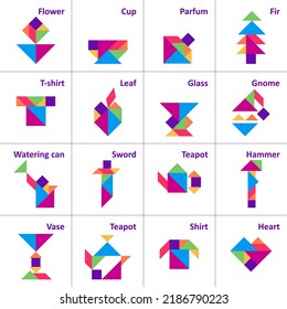 Rompecabezas del tangrama para los niños. Conjunto de objetos tangram.