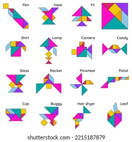 Rompecabezas del tangrama para los niños. Conjunto de objetos tangram.