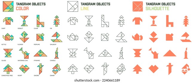 Rompecabezas del tangrama para los niños. Conjunto de objetos tangram.