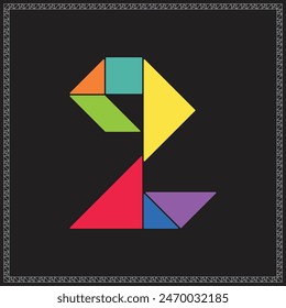 Tangram Puzzle Number Two Alphabet Colorful Geometric Illustration