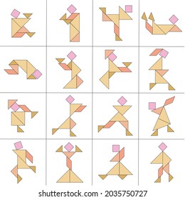 Tangram puzzle. Set with different poses of people