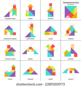 Rompecabezas del tangrama. Vector con varios edificios.