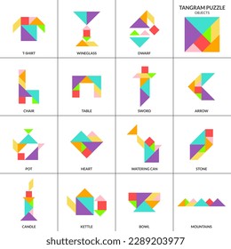 Tangram Puzzle. Vektorset mit verschiedenen Objekten.