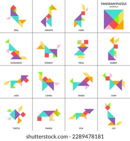 Tangram puzzle. Vector set with various animals.