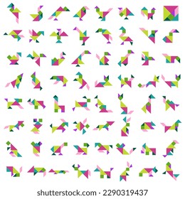 Tangram puzzle. Vector set with various animals.
