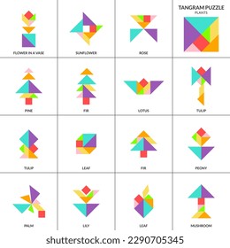 Tangram puzzle. Vector set with various plants.