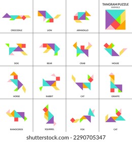 Tangram puzzle. Vector set with various animals.