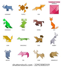 Tangram puzzle. Vector set with various animals.