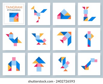 Tangram Pythagoras puzzle. Vector set with various objects.