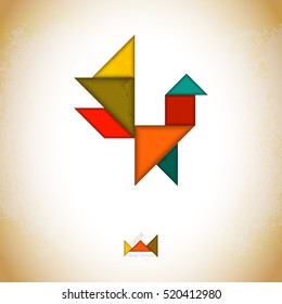 Tangram rooster. Rooster made of tangram pieces, geometric shapes. Traditional Chinese puzzle tangram solution card, learning game for kids, children. Abstract geometric art
