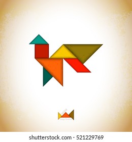 Tangram rooster. Rooster made of tangram pieces, geometric shapes. Traditional Chinese puzzle tangram solution card, learning game for kids, children. Abstract geometric art