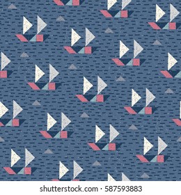 Tangram seamless pattern in vector. Flat boats of geometric shapes. Hand drawn marine blue background can be used for textile design, wallpapers and wrapping paper