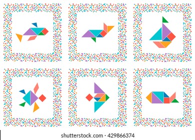 Tangram. Set of cards for Chinese dissection puzzle, board game for kids. Sea animals, fishes, sailboat made of seven tiling pieces - geometric shapes: triangles, square, parallelogram. Vector