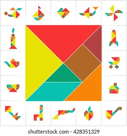 Tangram set. Collection of cards for kids board game, transform puzzle. Helicopter, sailboat, heart, plane, rocket, house, apple, gun made of geometric shapes: triangles, square, parallelogram. Vector