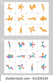 Tangram set, task and solution cards with captions in English. Chinese dissection puzzle, board game for kids. Cat, turtle, rooster made of geometric shapes: triangles, square, parallelogram. Vector