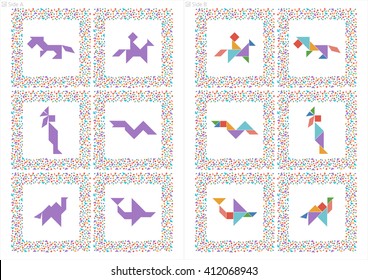 Tangram set, task and solution cards. Chinese dissection puzzle, board game for kids. Horse rider, lion, snake, Indian man, plane, camel made of pieces - geometric shapes: triangles, square. Vector