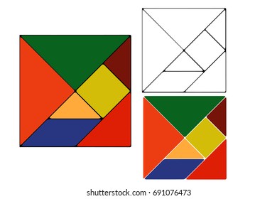 Tangram shapes with both fill and without fill. Also with outline of tangram shapes.