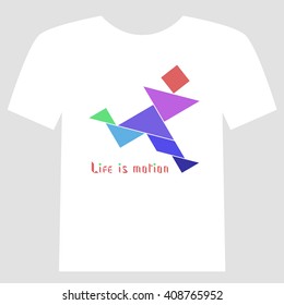 Tangram style t-shirt print design, running man with text "Life is motion"