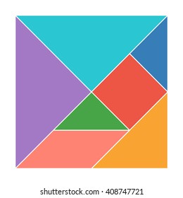 Tangram. Traditional Chinese dissection puzzle, seven tiling pieces - geometric shapes: triangles, square (rhombus), parallelogram. Board game for kids that helps to develop analytical skills. Vector