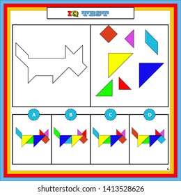 Tangram,Gifted And Talented Worksheets,IQ test. Choose correct answer. Set of logical tasks composed of geometric shapes. Vector illustration. Answer is C.