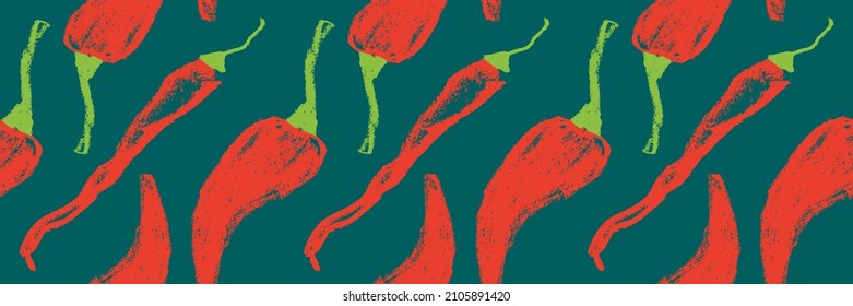 Tangy red pepper pattern seamless in vector.  Hand-drawn illustration of hot peppers. Pepper drawings. Organic vegetable background. Vegan food wallpaper. Healthy eating backdrop. Vegetarian banner.