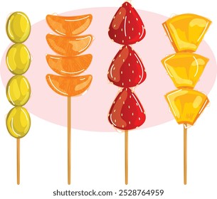 Tangy Tanghulu Set. Candied Pineapple, Strawberry, Orange and Grapes on Skewers. Chinese Street Snacks 