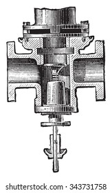 Tangye engine. Cutting the steam inlet lantern, vintage engraved illustration. Industrial encyclopedia E.-O. Lami - 1875.
