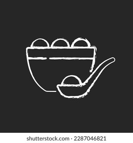 Tangyuan chalk white icon on black background. Glutinous rice dumpling. Winter solstice festival. Chinese food. Making and eating glutinous rice balls. Isolated vector chalkboard illustration