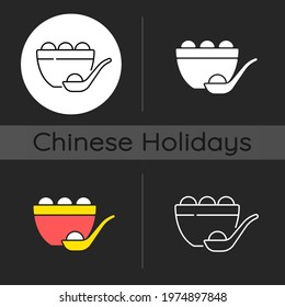 Tangyuan dark theme icon. Glutinous rice dumpling. Winter solstice festival. Making and eating glutinous rice balls. Linear white, simple glyph and RGB color styles. Isolated vector illustrations