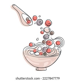 Tangyuan Desserts in Bowl with Spoon ,glutinous rice balls flying into bowl vector illustration.China and Taiwan Lantern Festival or Winter Solstice or New Year.Tang Yuan traditional asian food