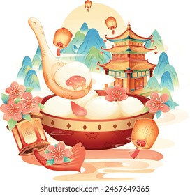 Tangyuan with elements of landscape scenes during Lantern Festival