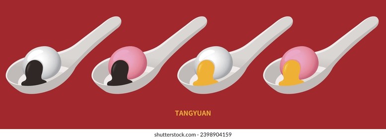 Tangyuan with fillings flowing on the spoon, available in sweet flavors such as sesame and peanut, is a festive food during the Chinese Lantern Festival or Winter Solstice or Lunar New Year