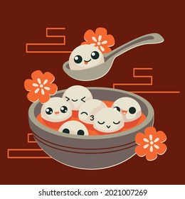 Tangyuan rice balls. Delicious glutinous rice balls with faces and eyes in a gray bowl on a red background. Taiwanese traditional holiday food. Lantern Festival. Vector illustration in a flat style