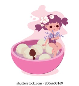 Tangyuan rice balls. The girl sits on the edge of a cup with rice balls. Traditional festive food for the new year in China. Chinese dessert in pink shades with character in cute cartoon style